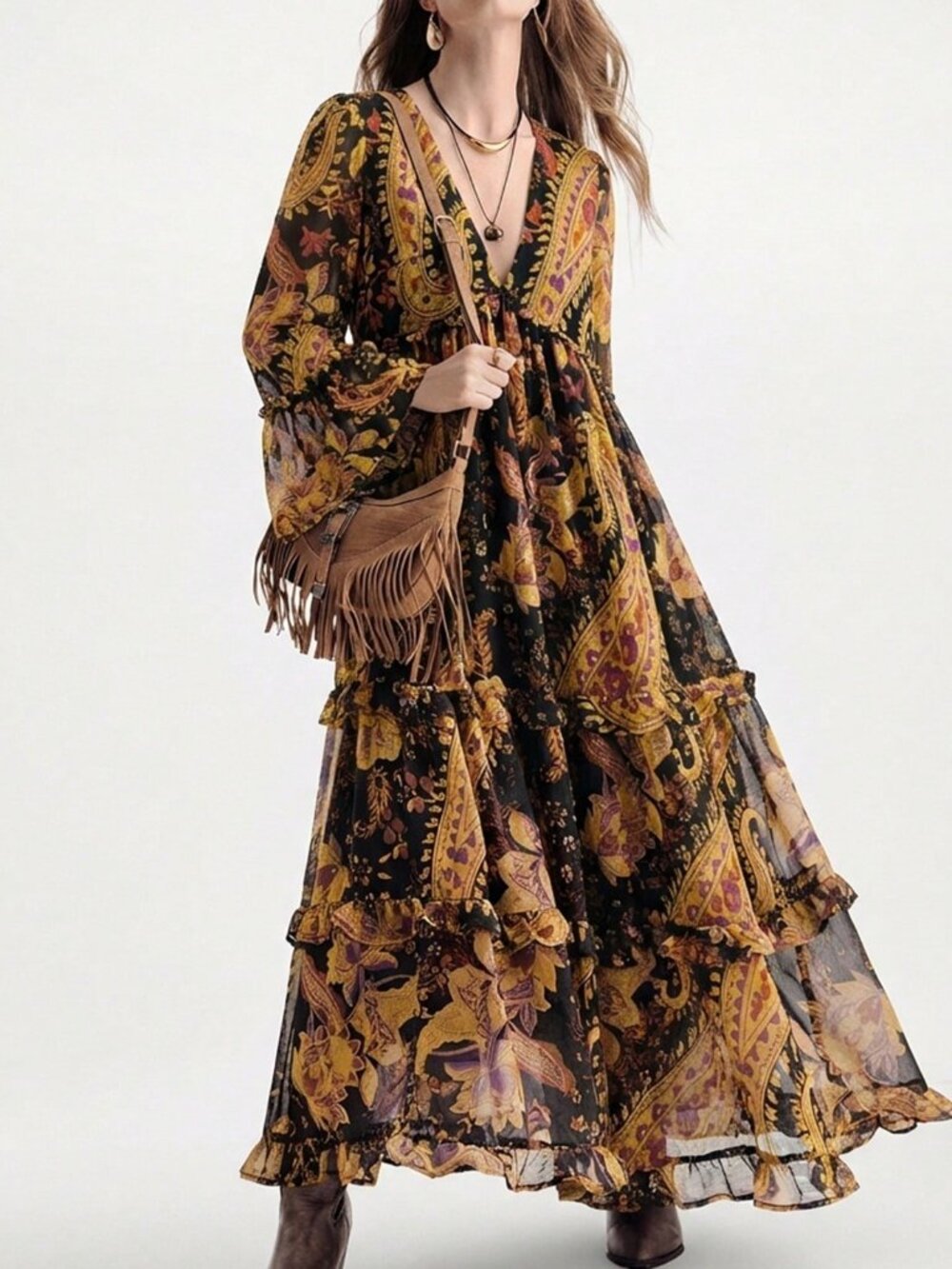 Multicolor Boho Women's Chiffon Flowy Dress - Picture 6 of 7